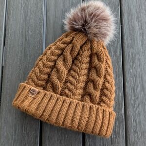 Timberland‎ Kids Wheat Brown Cable Knit Fleece Lined Beanie Faux Fur Pom Hat